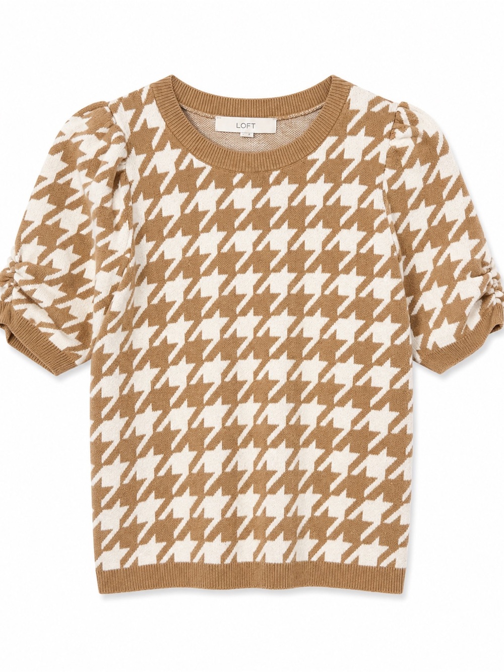 LOFT Camel Cream Houndstooth Puff Sleeve Sweater XS